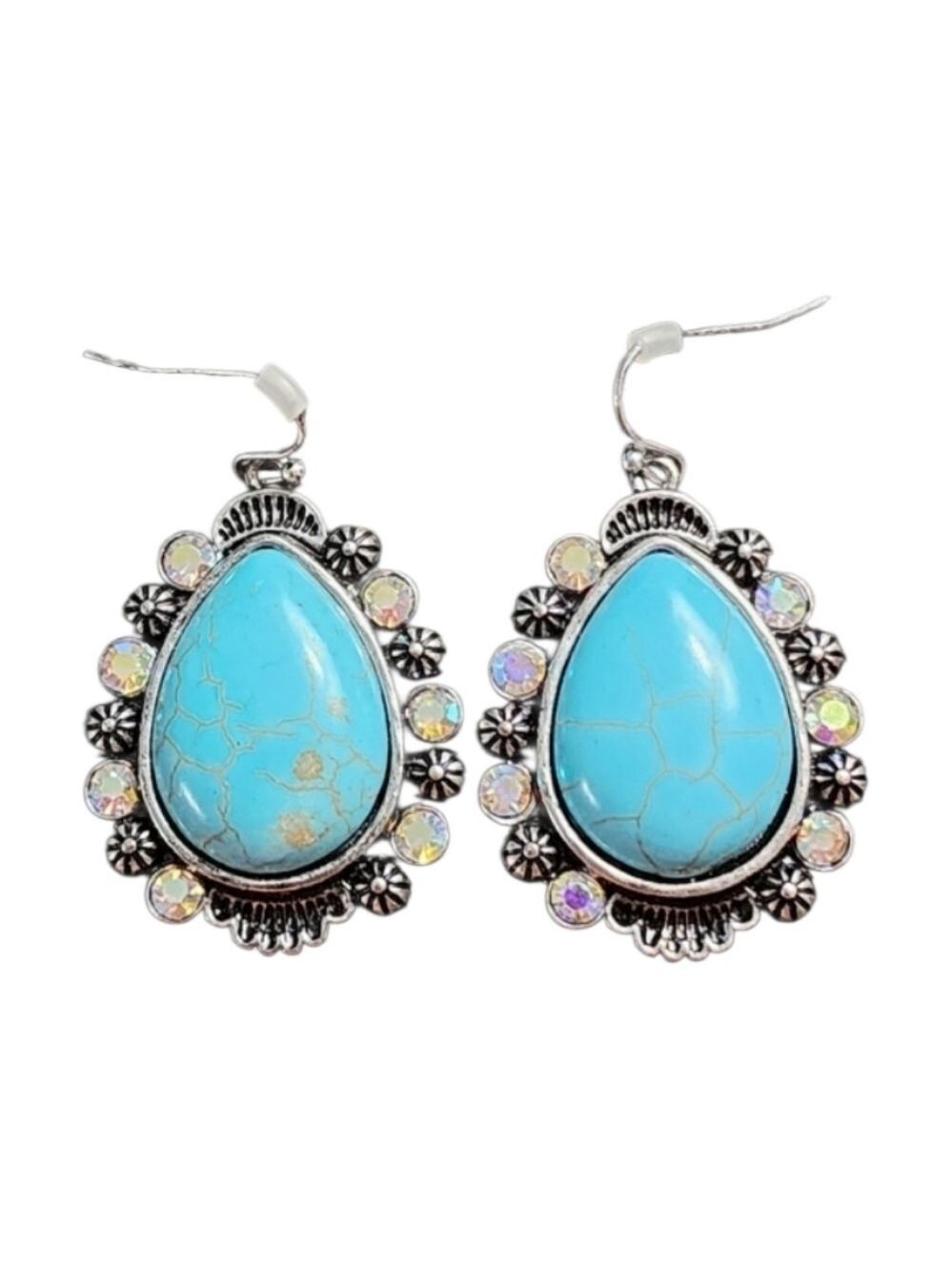 Turquoise and Silver Teardrop Earrings with Iridescent Crystals